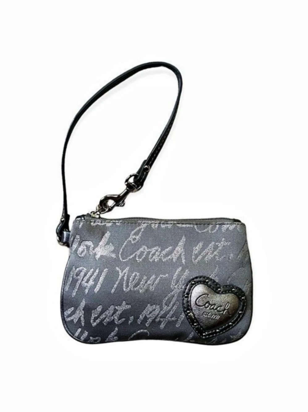 Coach New York Script Heart Wristlet Cosmetic Pouch in Gray & silver GUC